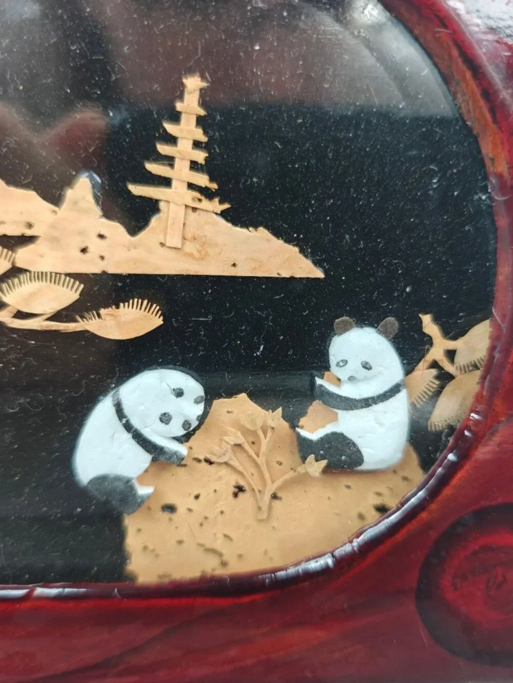 Vintage Chinese Lacquered Wooden Jewelry Box 3D Panda Crane Pagoda Asian